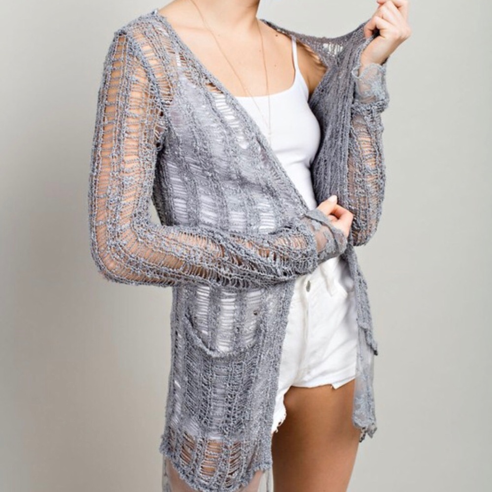 Elegant Gray Open-Knit Cardigan